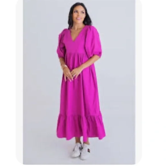 Karlie V Neck Black Maxi Dress Puff Sleeve Pockets Wedding LBD Tiered - Picture 5 of 5